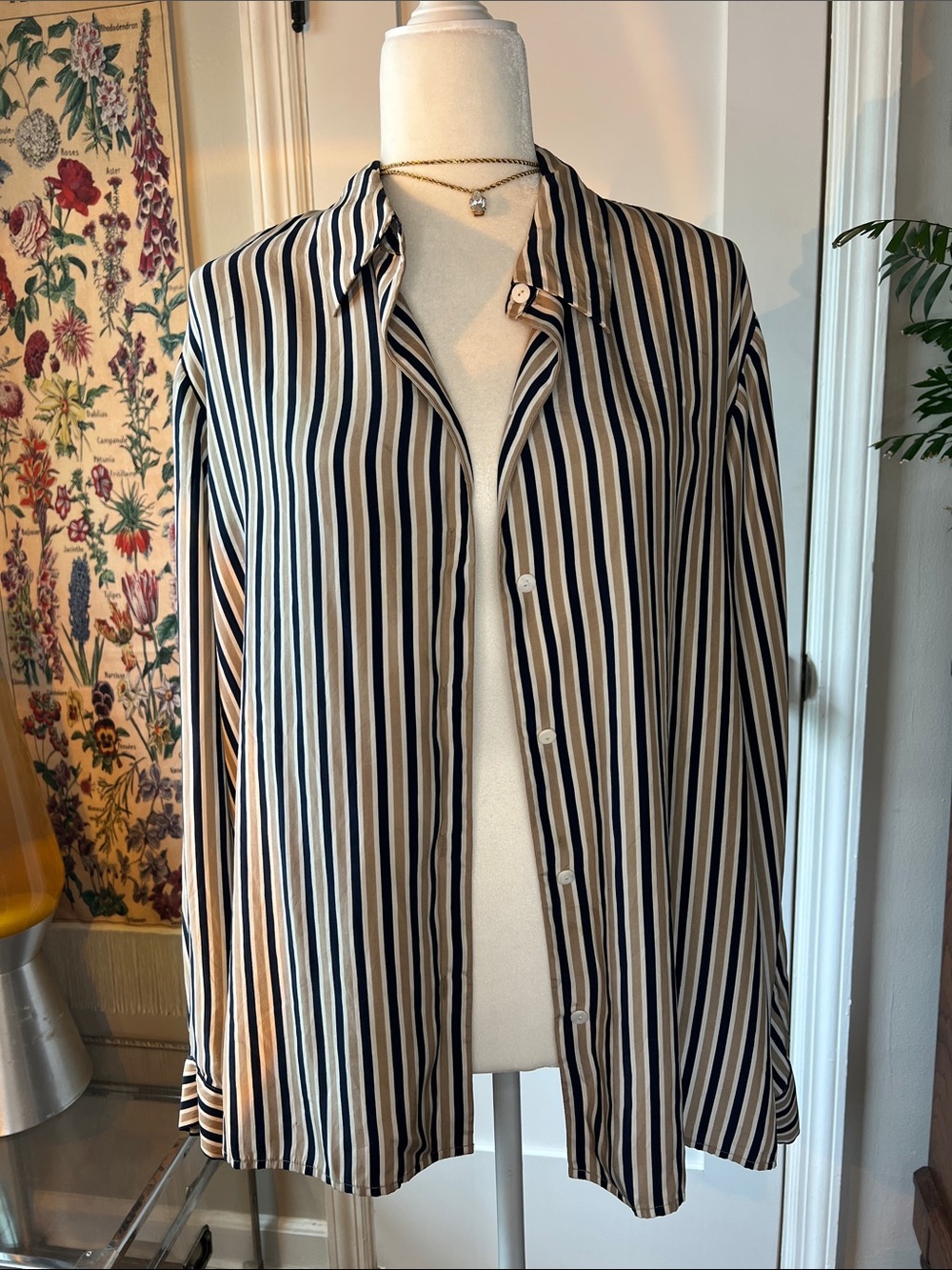 Rena Rowan Black and Beige Vertical Stripe Button-Down Shirt